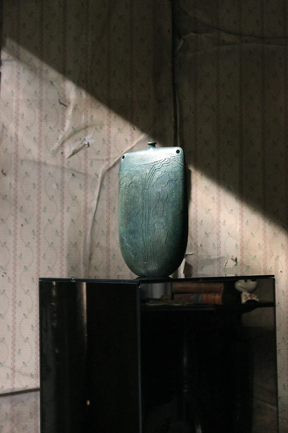 A Burnished Jade Green Bottle Vase by Peter Hayes c.1984