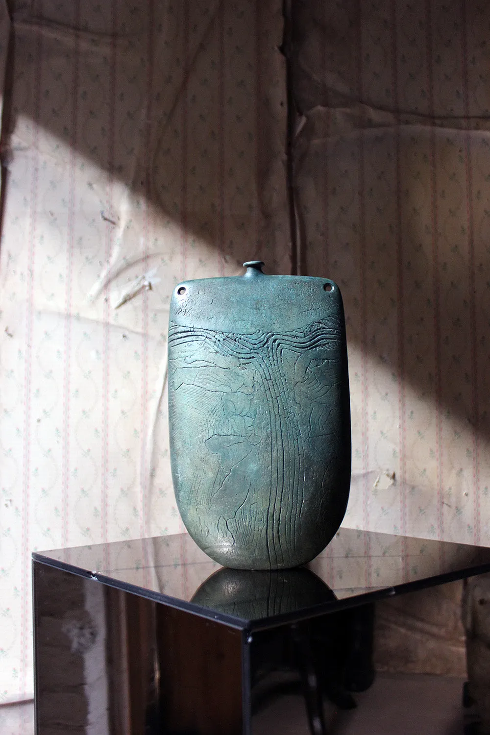 A Burnished Jade Green Bottle Vase by Peter Hayes c.1984