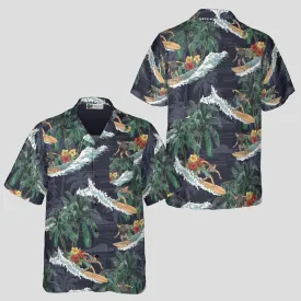 Aloha Surfing Hawaiian Shirt for Men, Vintage Surf Wave Shirt, Tropical Beach Vacation Shirt
