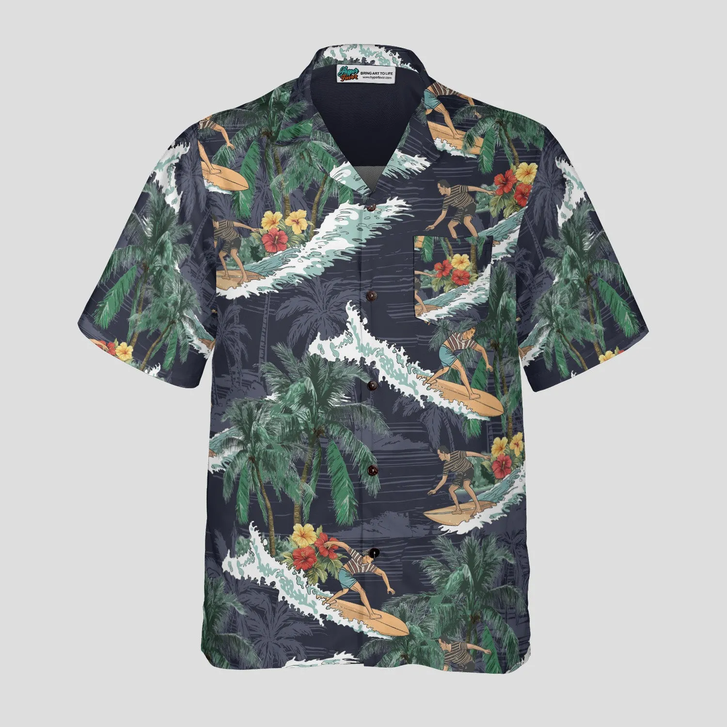 Aloha Surfing Hawaiian Shirt for Men, Vintage Surf Wave Shirt, Tropical Beach Vacation Shirt