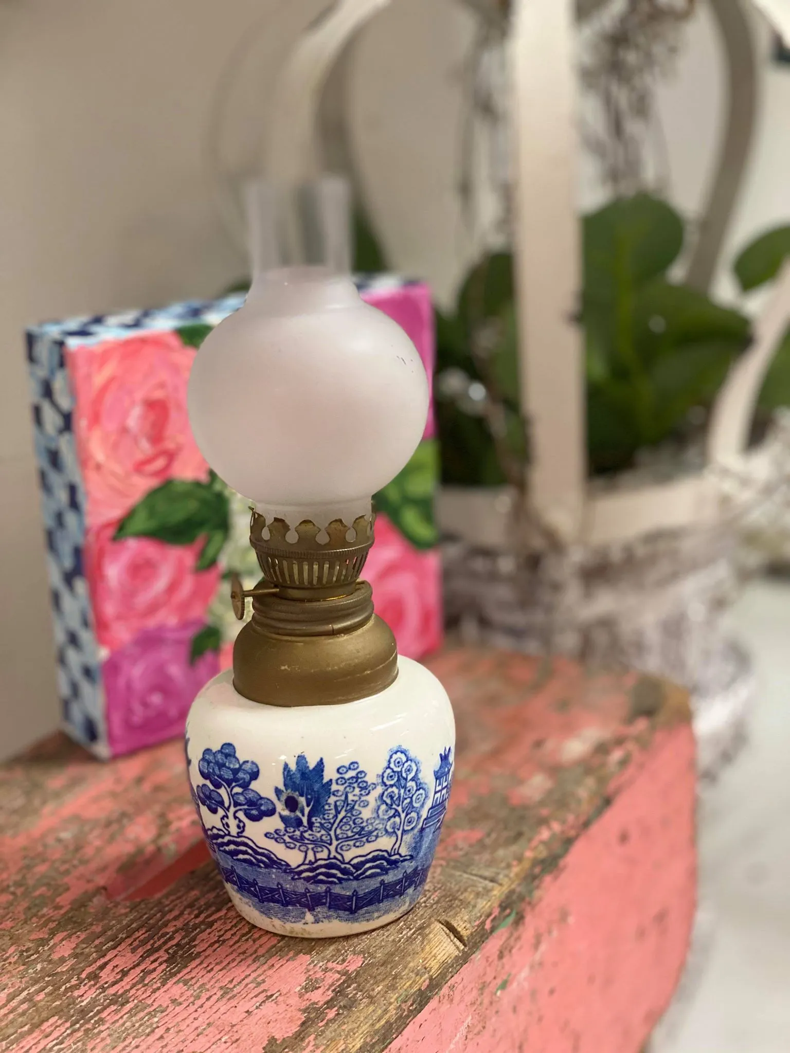 Antique Blue Willow Oil Lamp