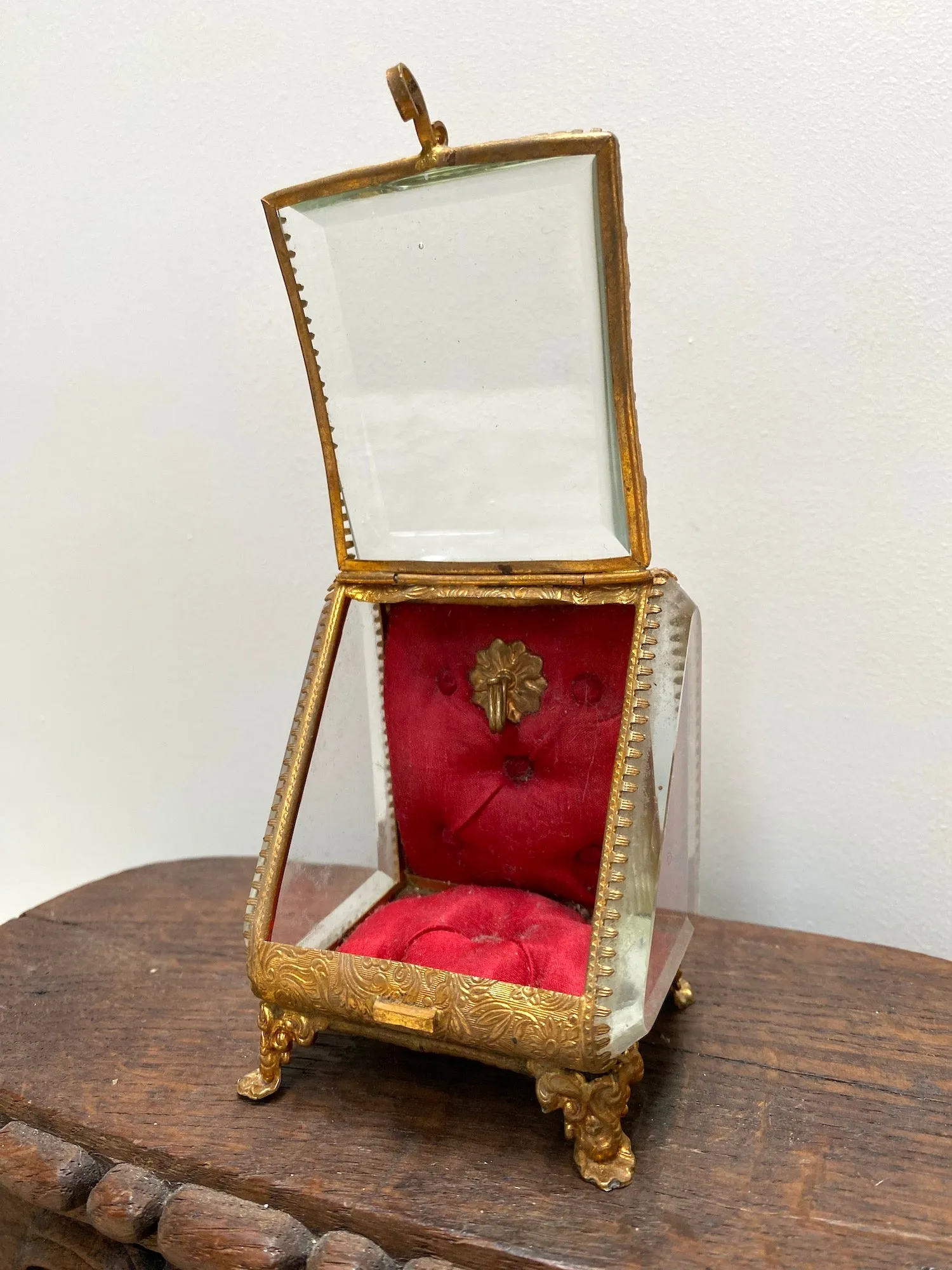 Antique French 'Bote  Bijoux' Glass Jewellery Box with Handle - Red