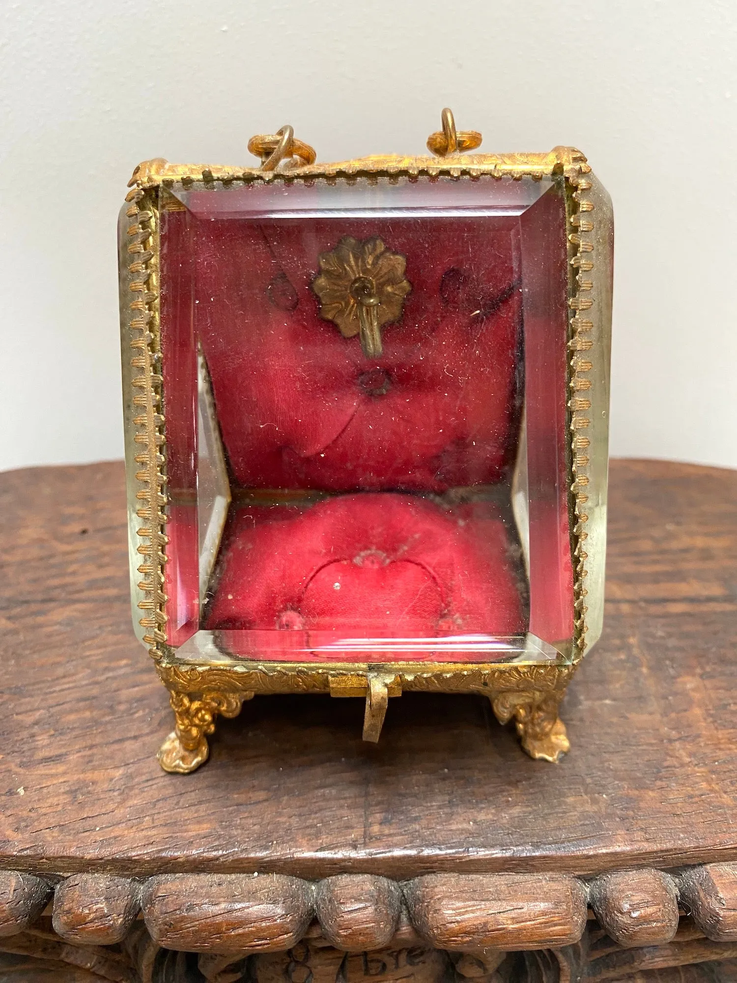 Antique French 'Bote  Bijoux' Glass Jewellery Box with Handle - Red