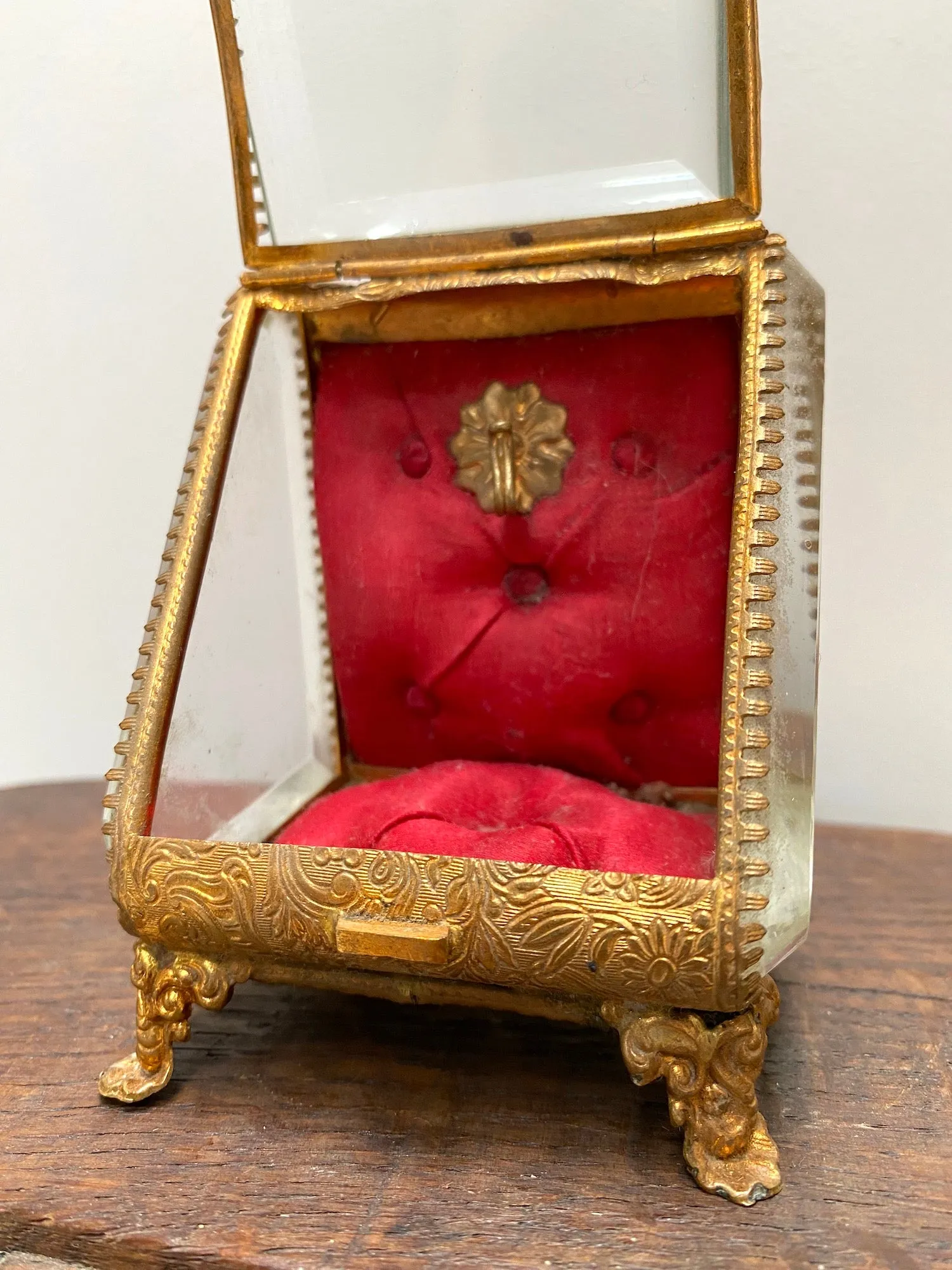 Antique French 'Bote  Bijoux' Glass Jewellery Box with Handle - Red