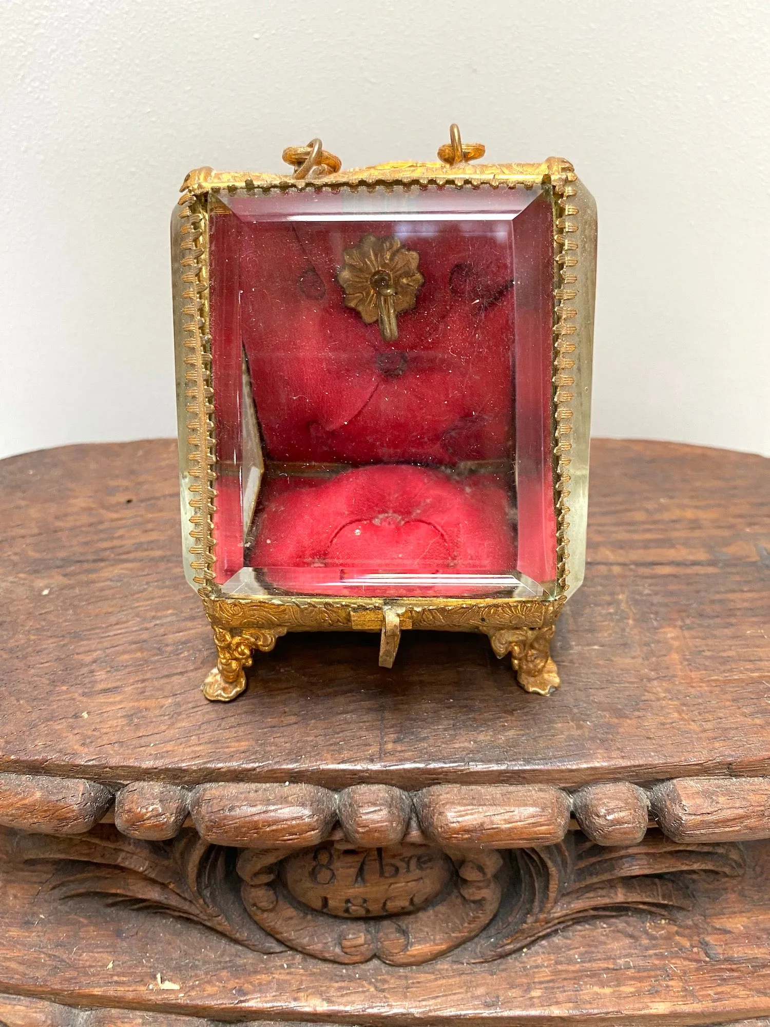 Antique French 'Bote  Bijoux' Glass Jewellery Box with Handle - Red
