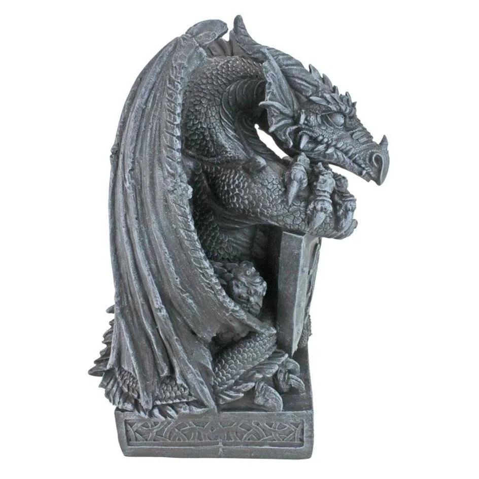 Arthurian Medieval Dragon Garden Statue With Shield By Artist Gary Chang