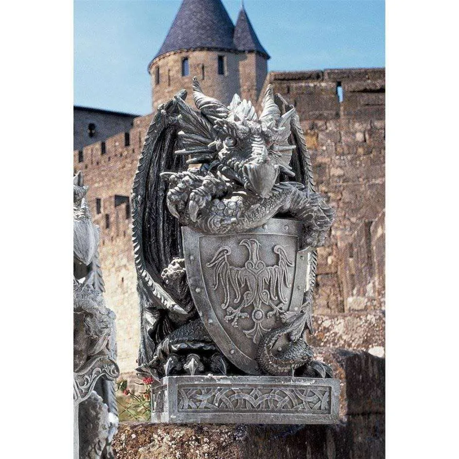Arthurian Medieval Dragon Garden Statue With Shield By Artist Gary Chang