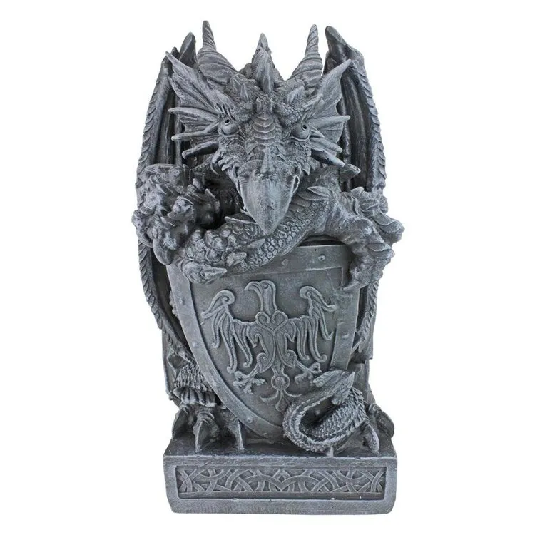 Arthurian Medieval Dragon Garden Statue With Shield By Artist Gary Chang