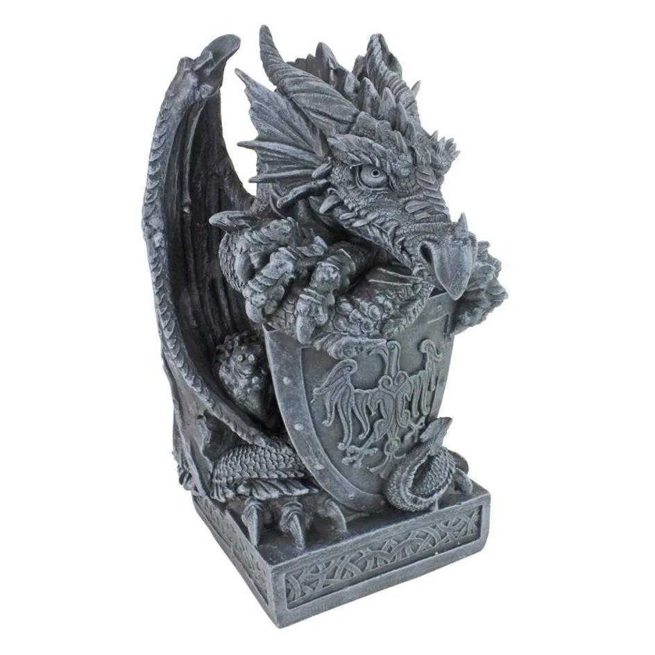 Arthurian Medieval Dragon Garden Statue With Shield By Artist Gary Chang