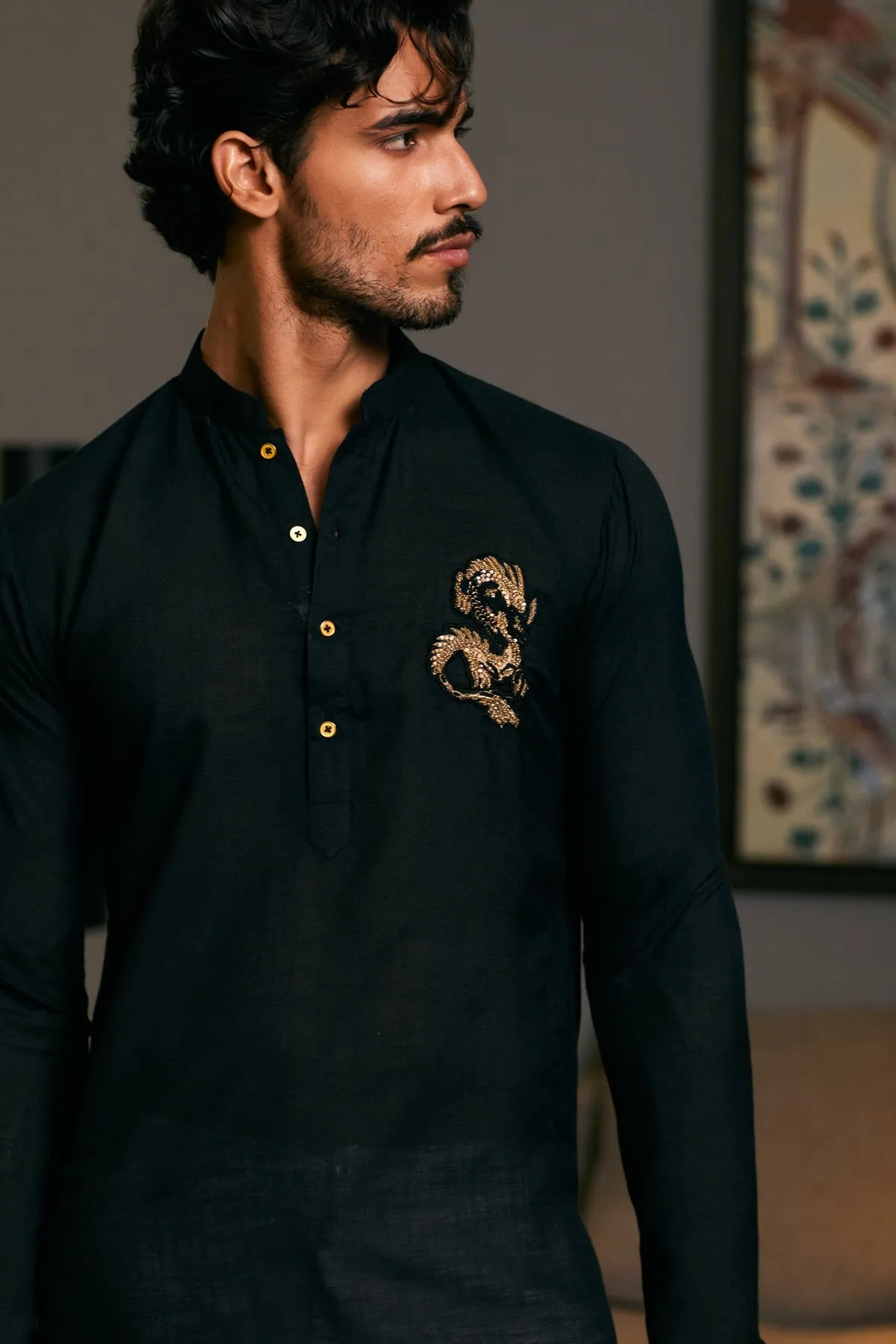 Black Blended Goe Dragon Kurta Set