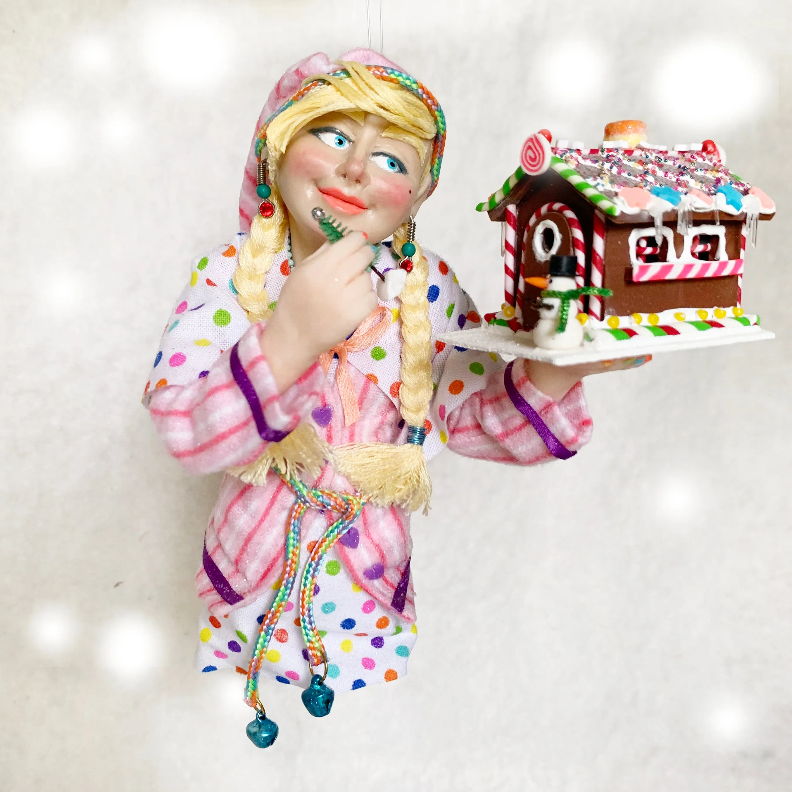 Christmas Elf decorating a gingerbread house - Hanging ornament - limited edition