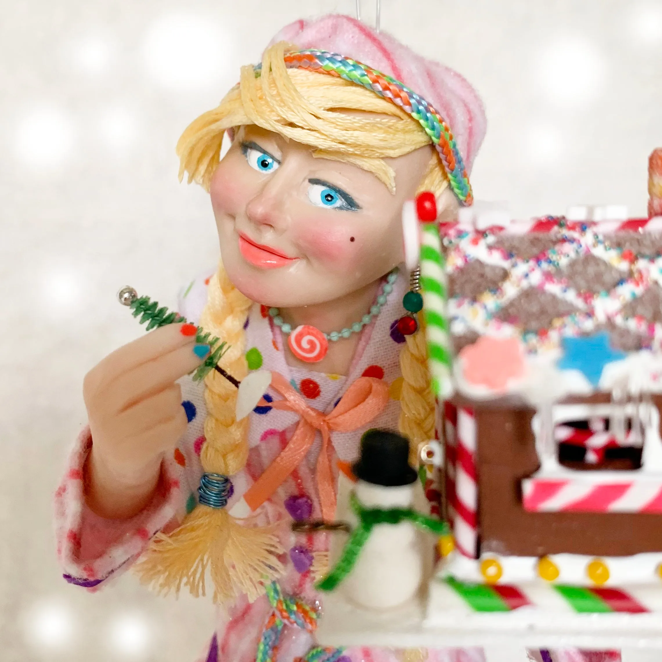Christmas Elf decorating a gingerbread house - Hanging ornament - limited edition