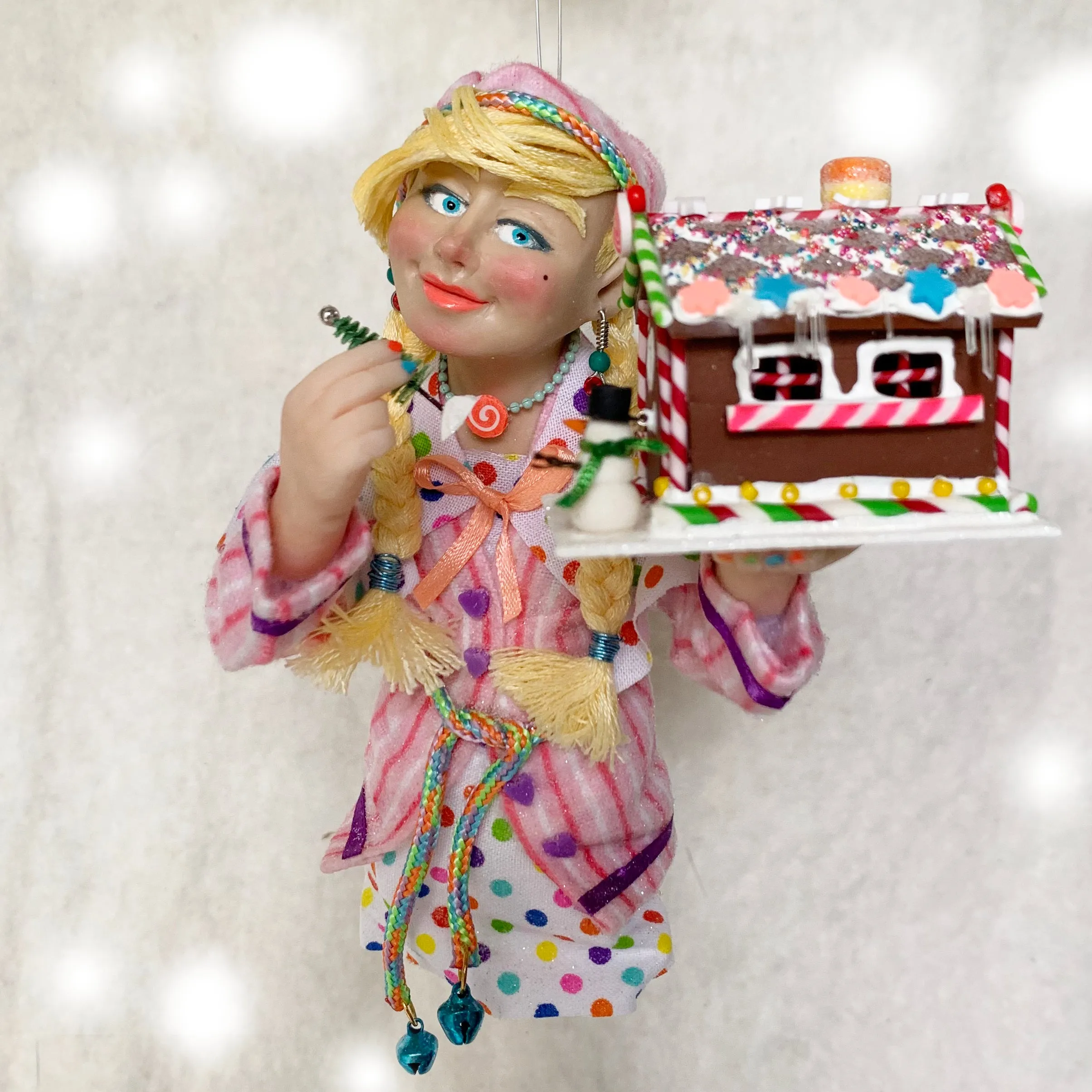 Christmas Elf decorating a gingerbread house - Hanging ornament - limited edition