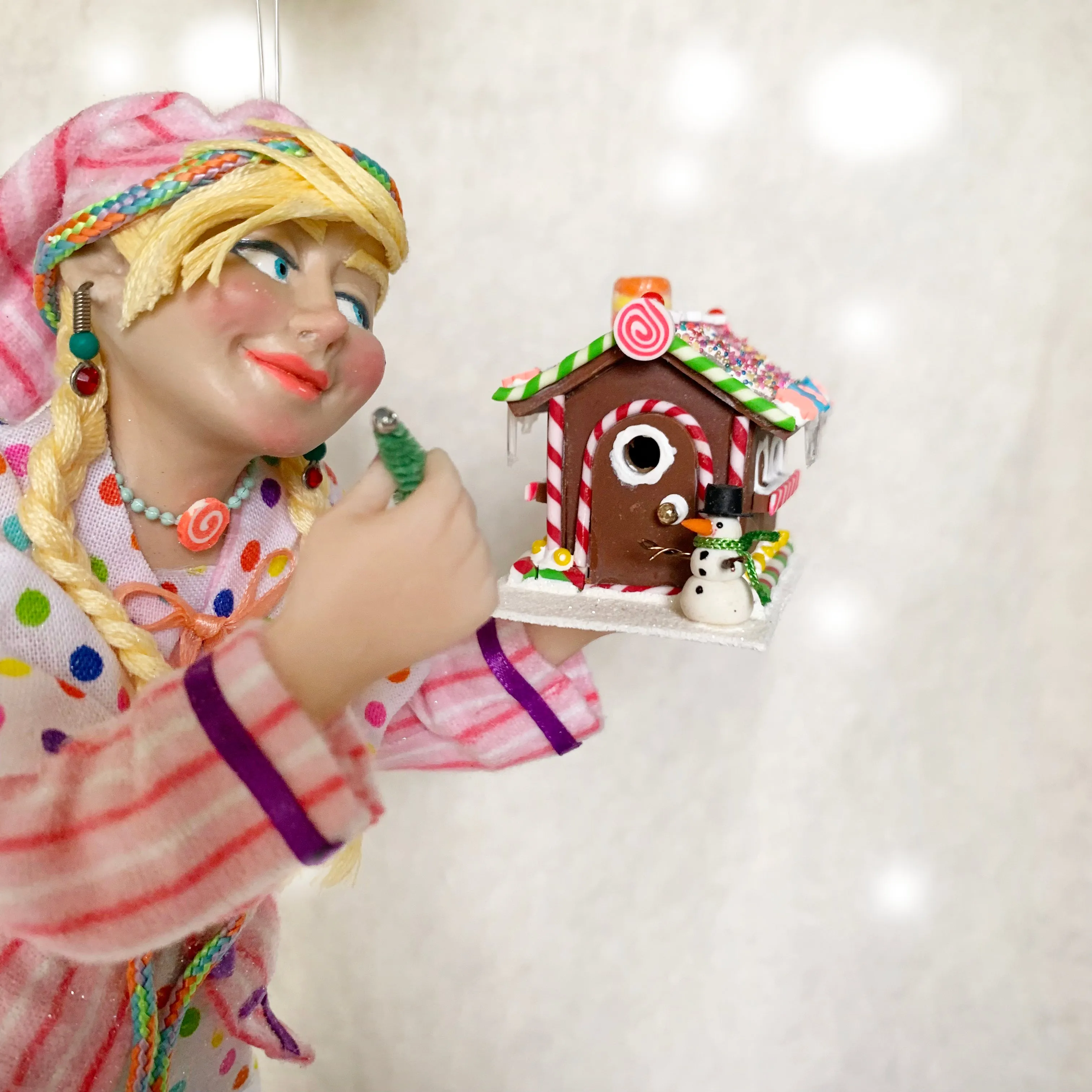 Christmas Elf decorating a gingerbread house - Hanging ornament - limited edition