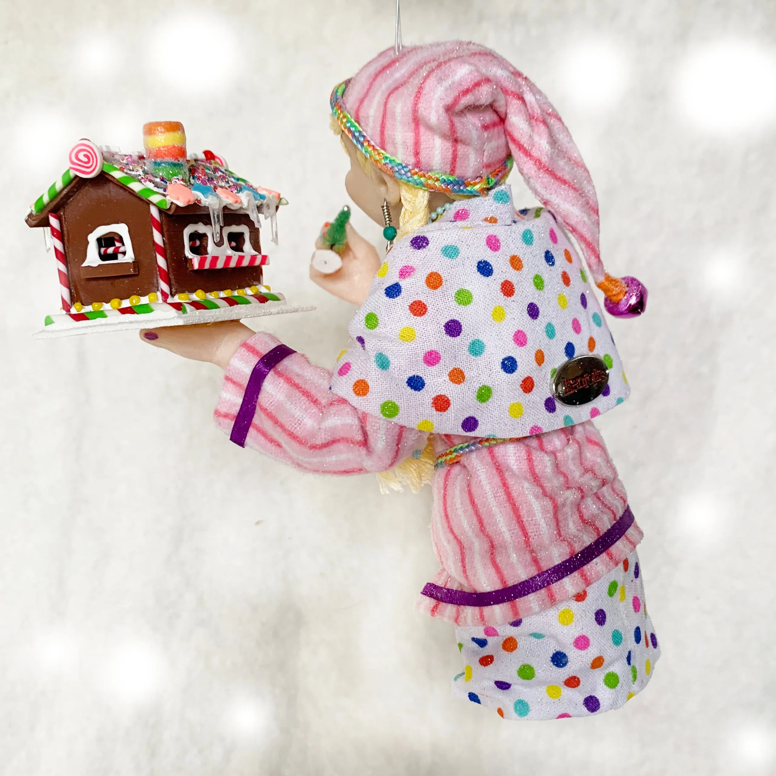 Christmas Elf decorating a gingerbread house - Hanging ornament - limited edition