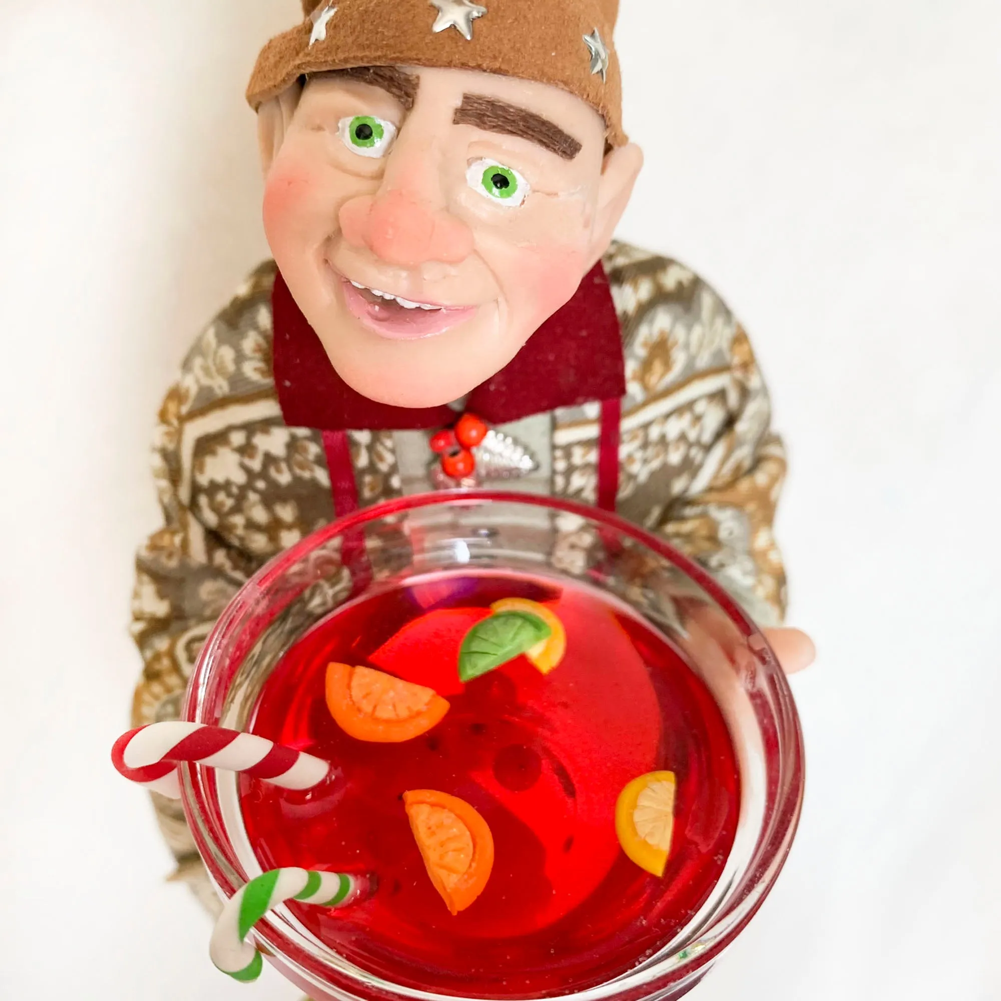 Christmas Elf with bowl of festive punch - Hanging ornament