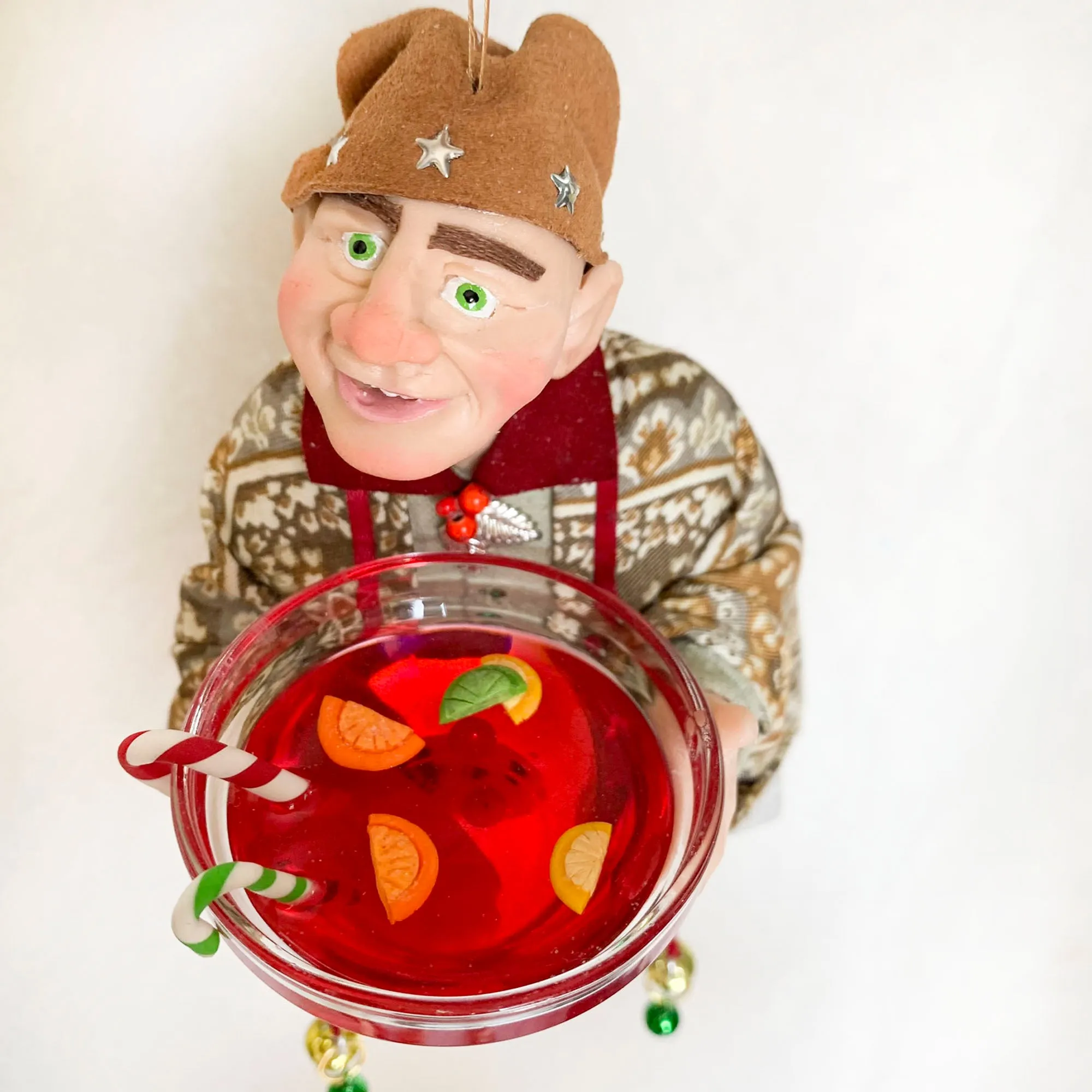 Christmas Elf with bowl of festive punch - Hanging ornament