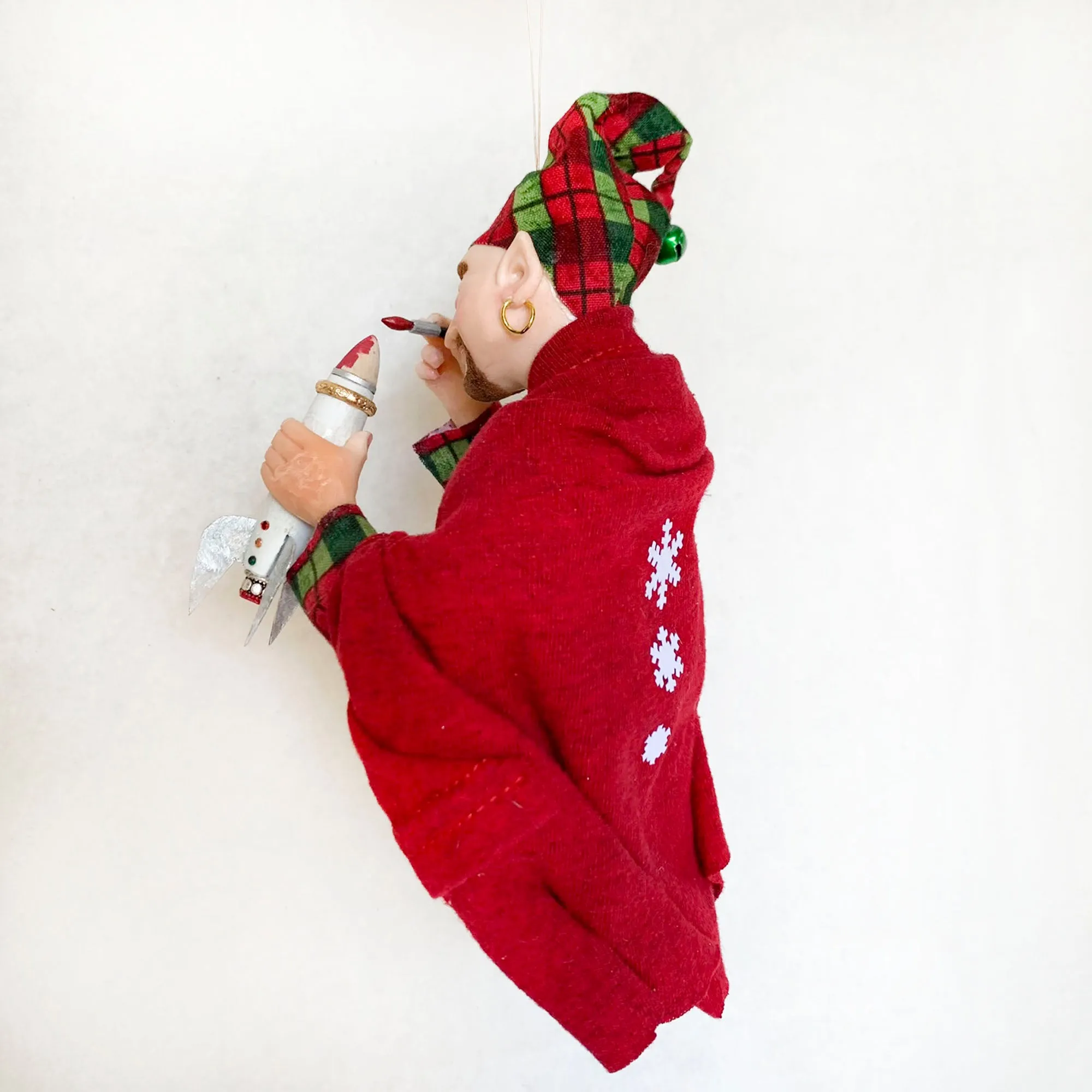 Christmas Elves building a toy rocket ship - Holiday fun ornament
