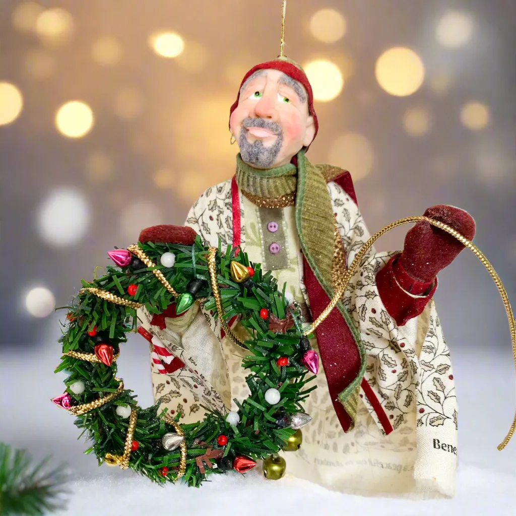 Christmas Trimming Elf decorating a pine wreath - Holiday decor