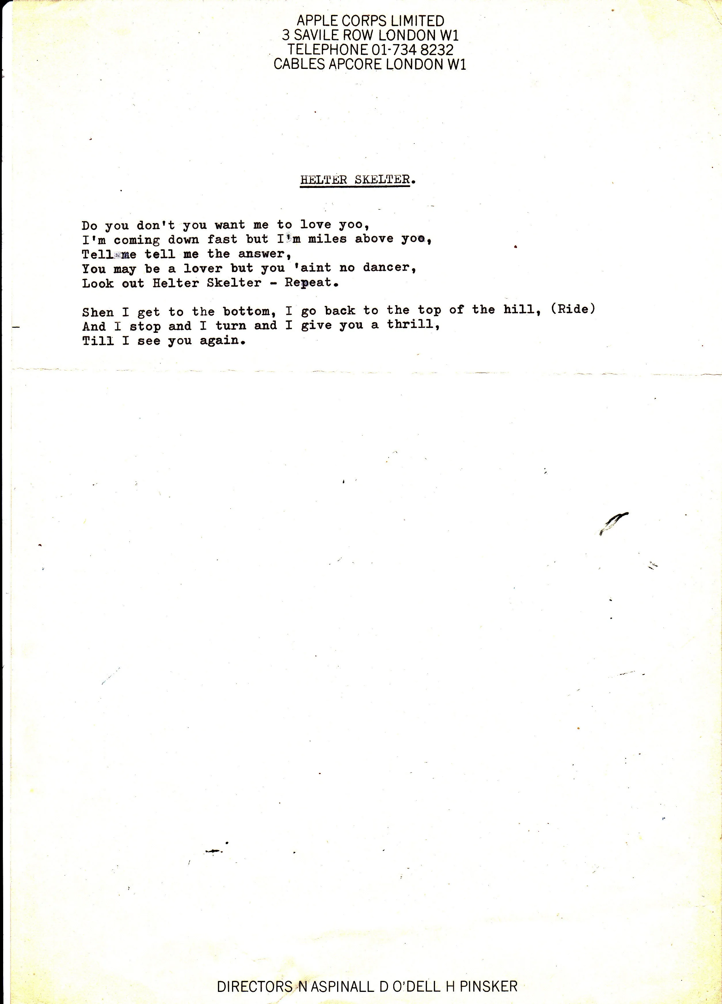 EXCLUSIVE: Work-in-Progress "Helter Skelter" Lyrics on 1968 Apple Stationery