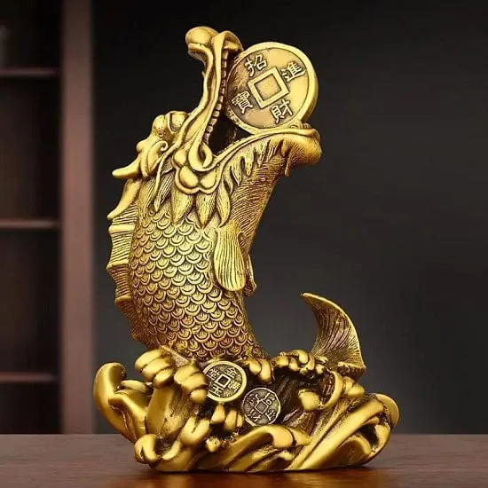 Feng Shui Golden Copper Brass Head Fish Sculptures For Welth,Sucess and Prosperity