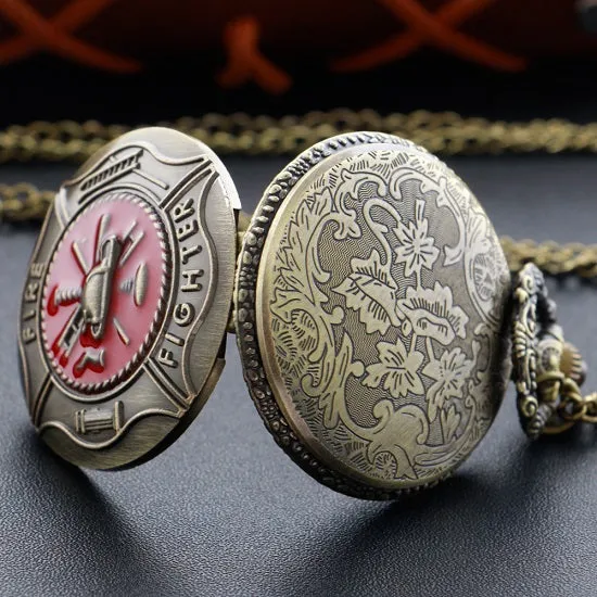 Fire Fighter Emblem Bronze Quartz Movement Pocket Watch