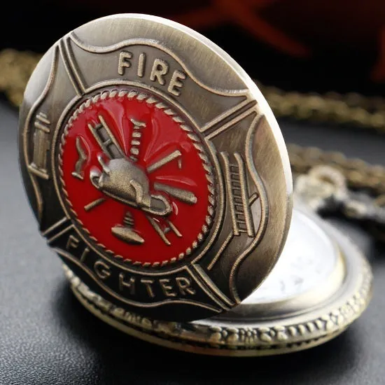 Fire Fighter Emblem Bronze Quartz Movement Pocket Watch