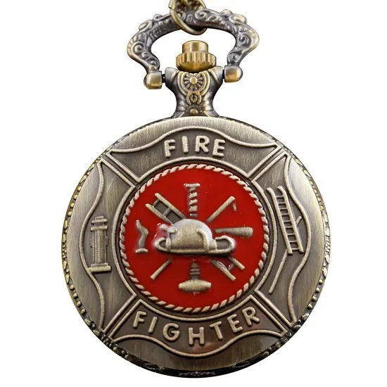 Fire Fighter Emblem Bronze Quartz Movement Pocket Watch