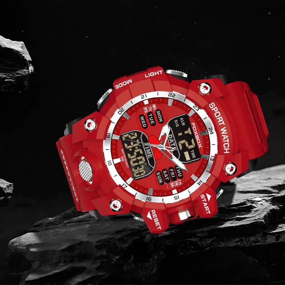 FOXBOX Red Sports Military Quartz Watch Waterproof Digital Dual Display For Man