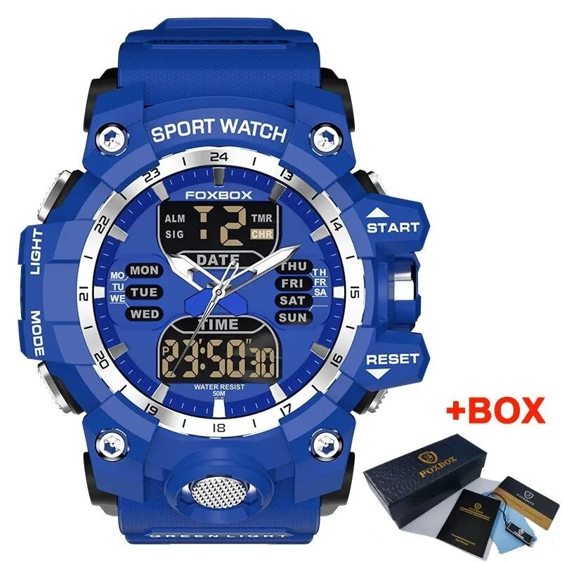 FOXBOX Red Sports Military Quartz Watch Waterproof Digital Dual Display For Man