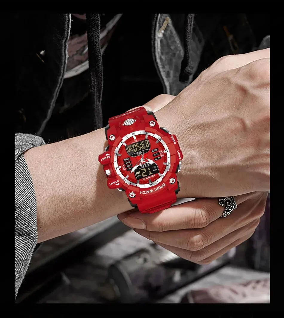 FOXBOX Red Sports Military Quartz Watch Waterproof Digital Dual Display For Man