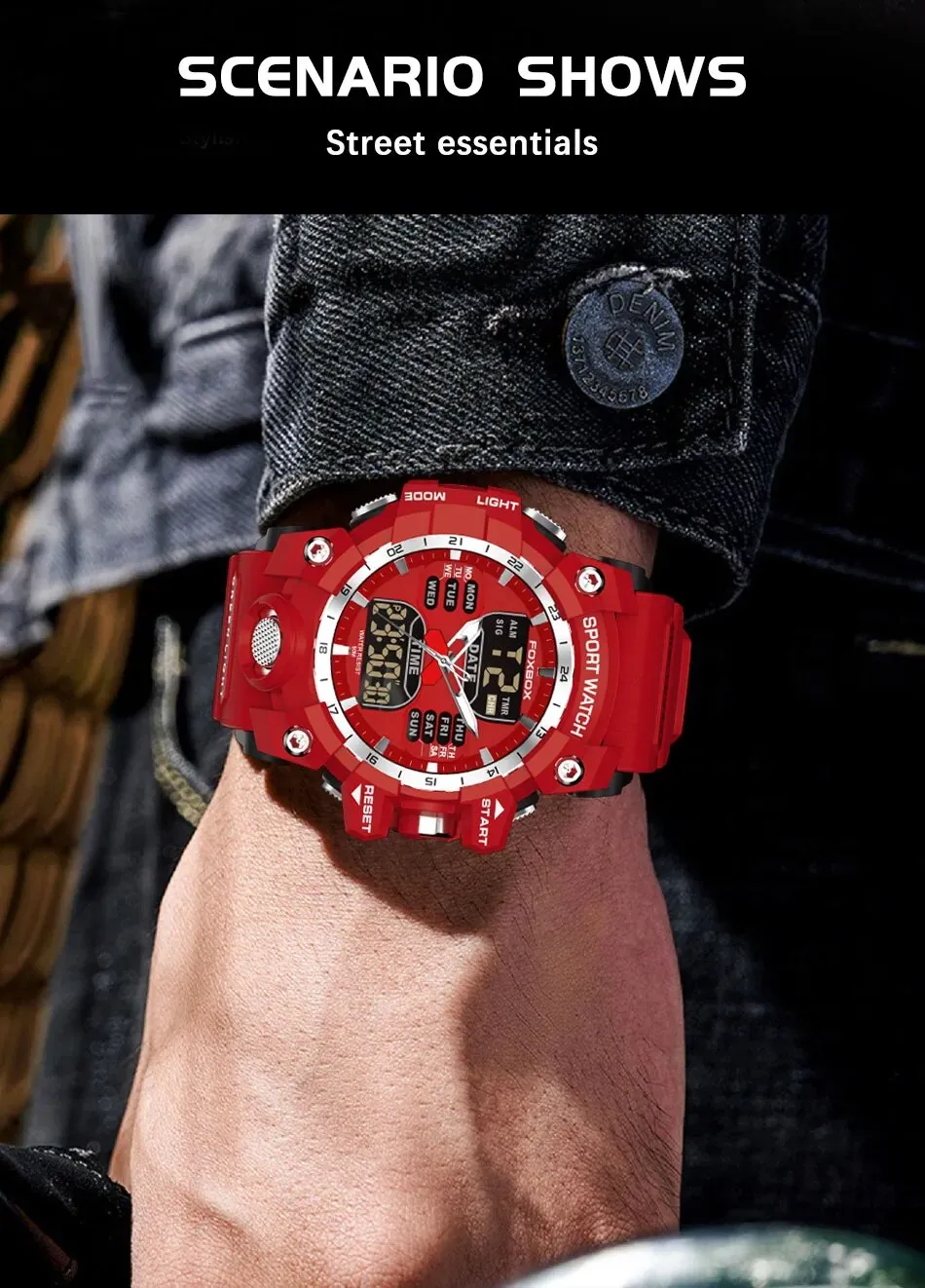 FOXBOX Red Sports Military Quartz Watch Waterproof Digital Dual Display For Man