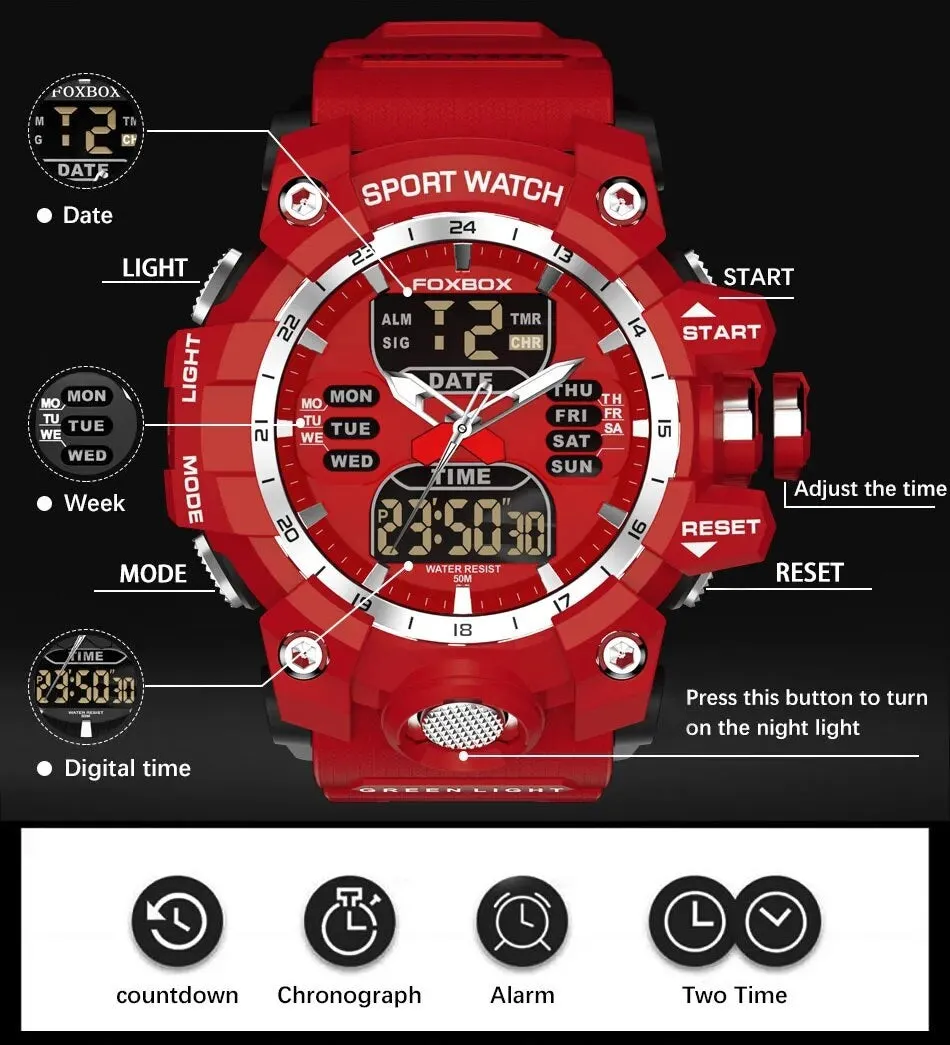 FOXBOX Red Sports Military Quartz Watch Waterproof Digital Dual Display For Man