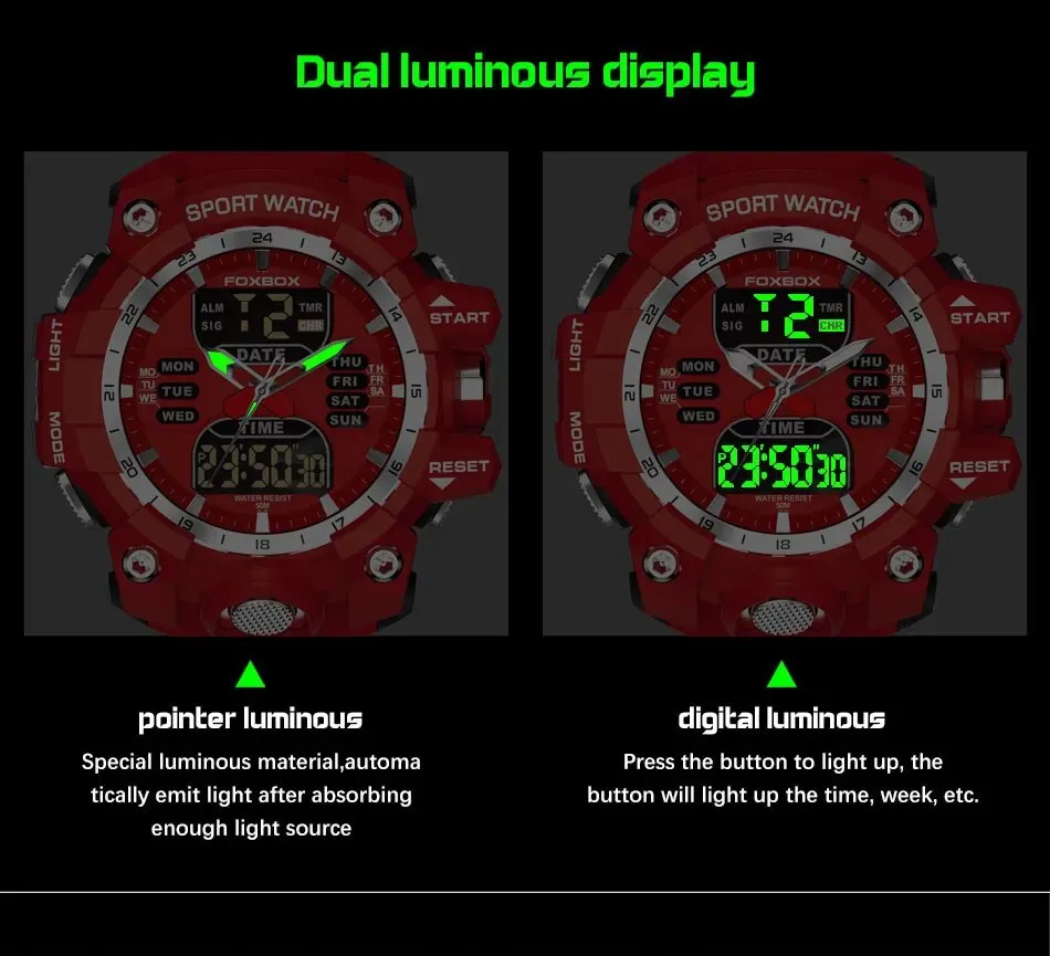 FOXBOX Red Sports Military Quartz Watch Waterproof Digital Dual Display For Man