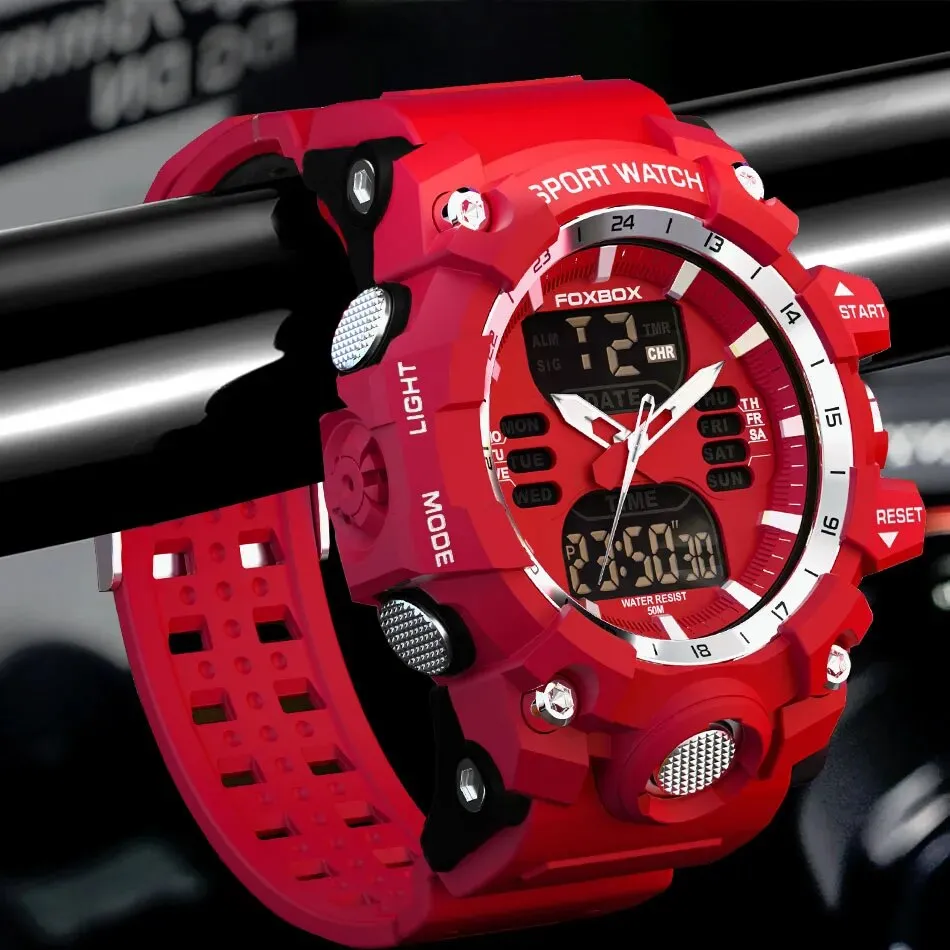 FOXBOX Red Sports Military Quartz Watch Waterproof Digital Dual Display For Man