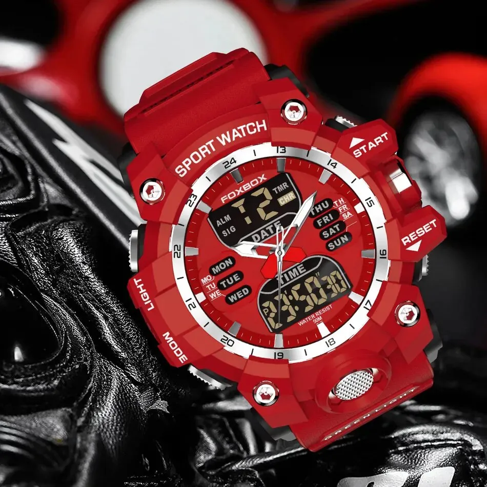 FOXBOX Red Sports Military Quartz Watch Waterproof Digital Dual Display For Man