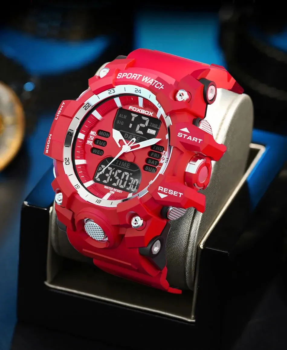 FOXBOX Red Sports Military Quartz Watch Waterproof Digital Dual Display For Man