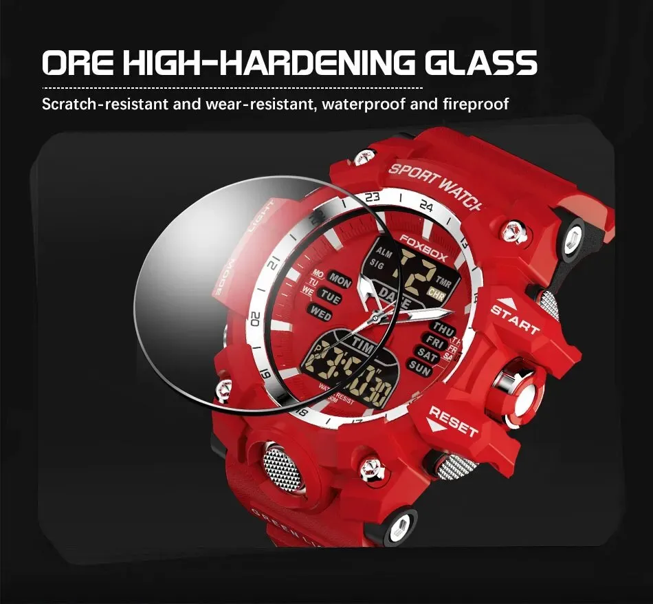 FOXBOX Red Sports Military Quartz Watch Waterproof Digital Dual Display For Man