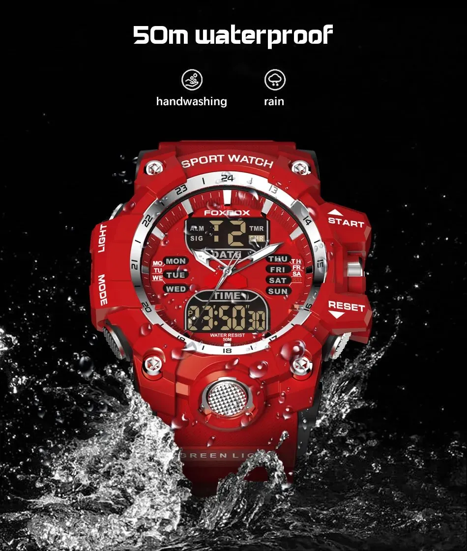 FOXBOX Red Sports Military Quartz Watch Waterproof Digital Dual Display For Man