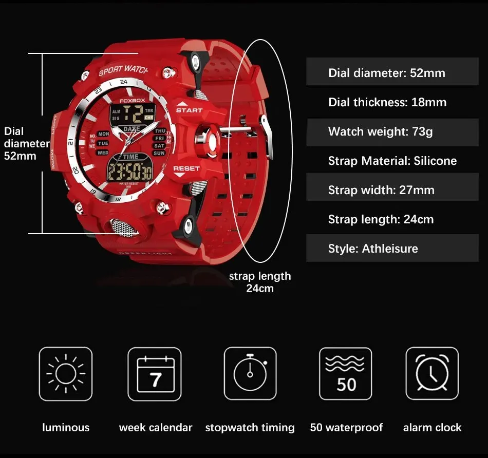 FOXBOX Red Sports Military Quartz Watch Waterproof Digital Dual Display For Man
