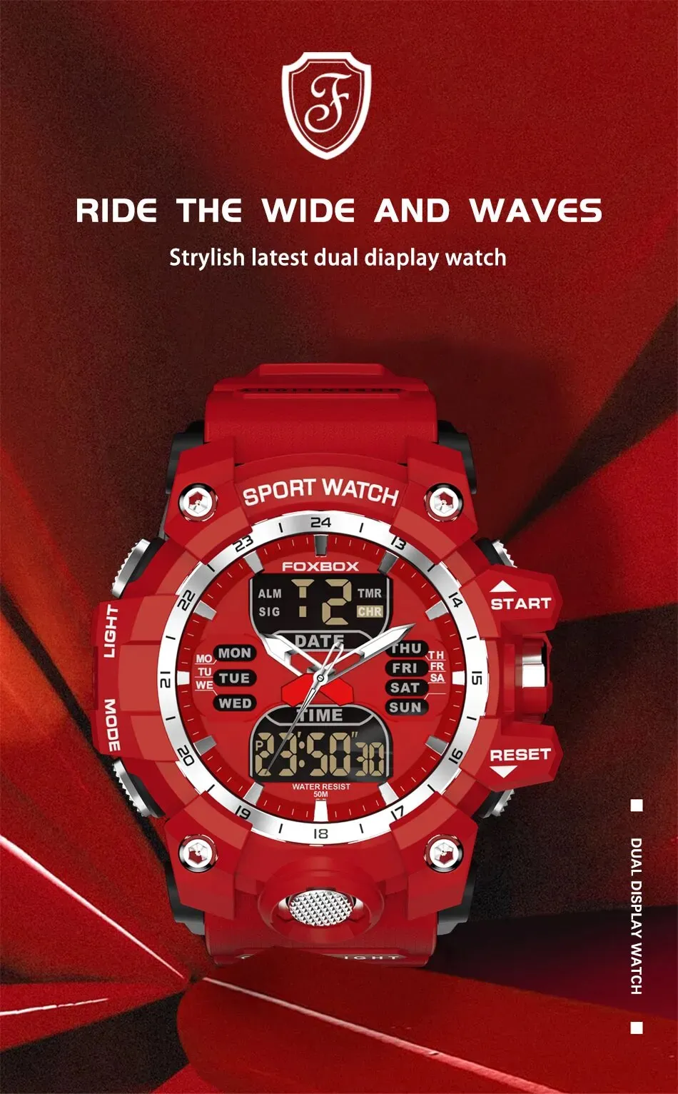 FOXBOX Red Sports Military Quartz Watch Waterproof Digital Dual Display For Man