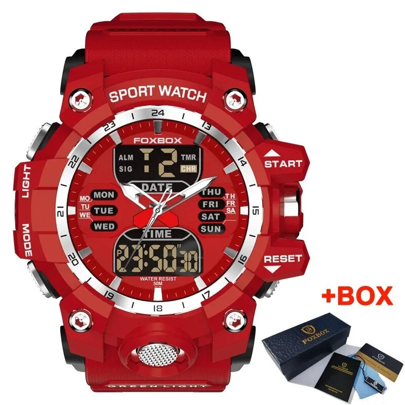 FOXBOX Red Sports Military Quartz Watch Waterproof Digital Dual Display For Man