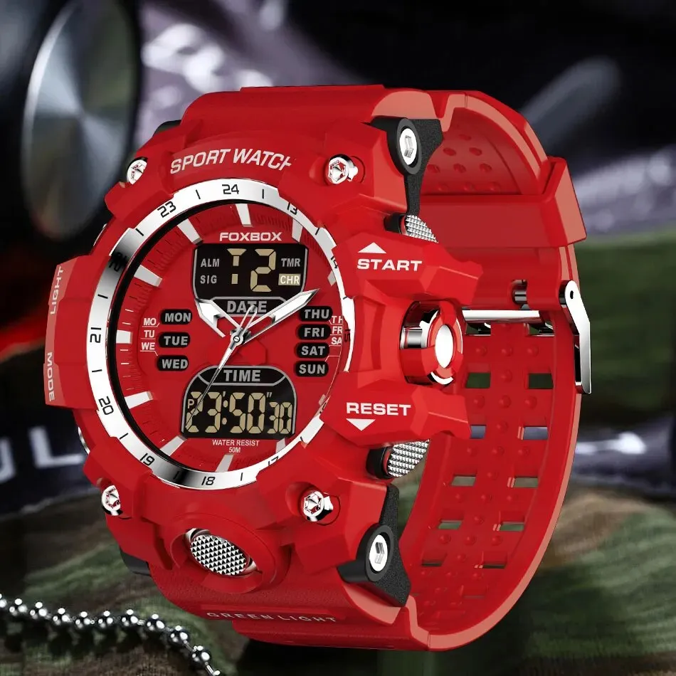 FOXBOX Red Sports Military Quartz Watch Waterproof Digital Dual Display For Man