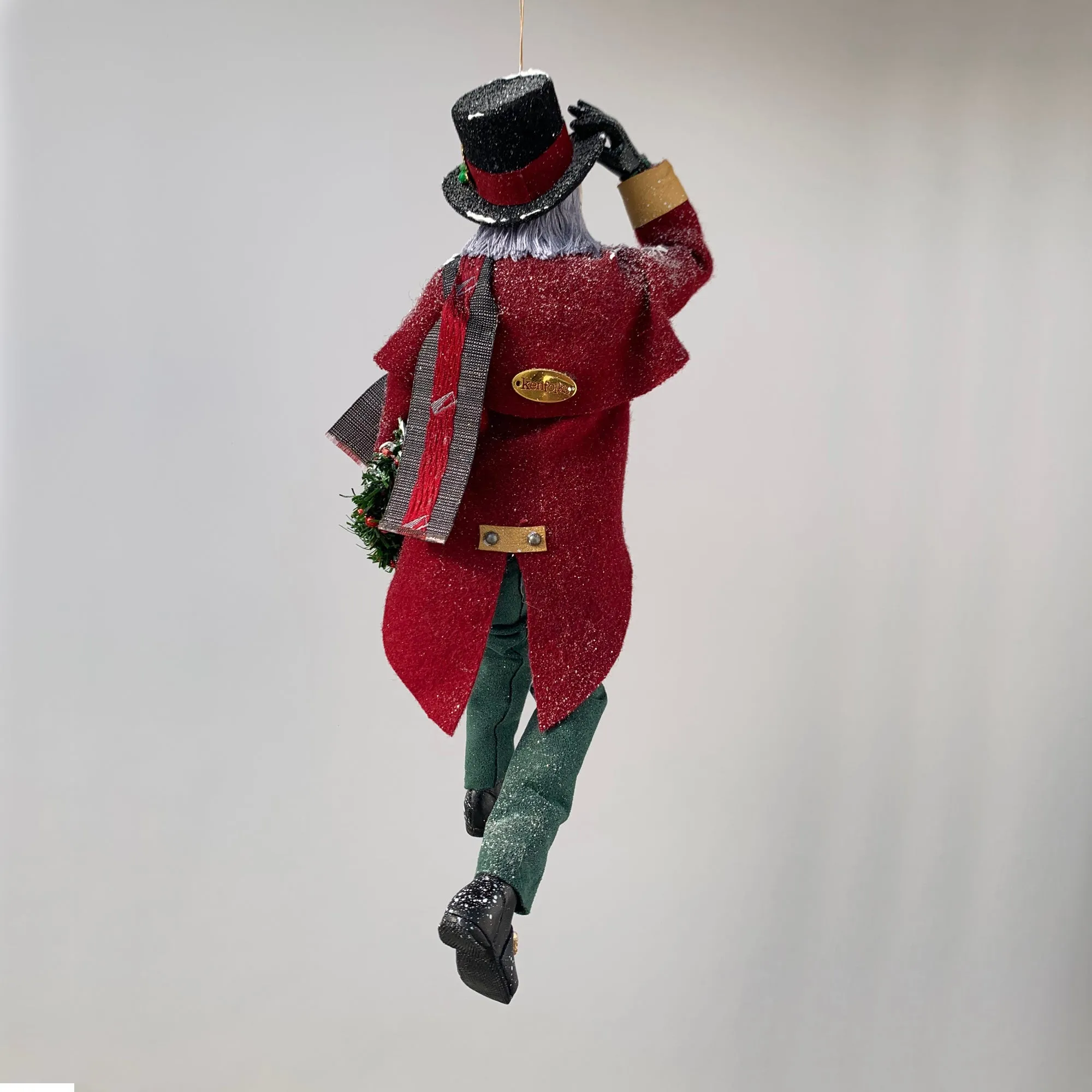 Happy Scrooge carrying a Christmas wreath and tipping his Top Hat - Dickens Collectable Christmas Decoration - Sculpture by Ken Fedoruk