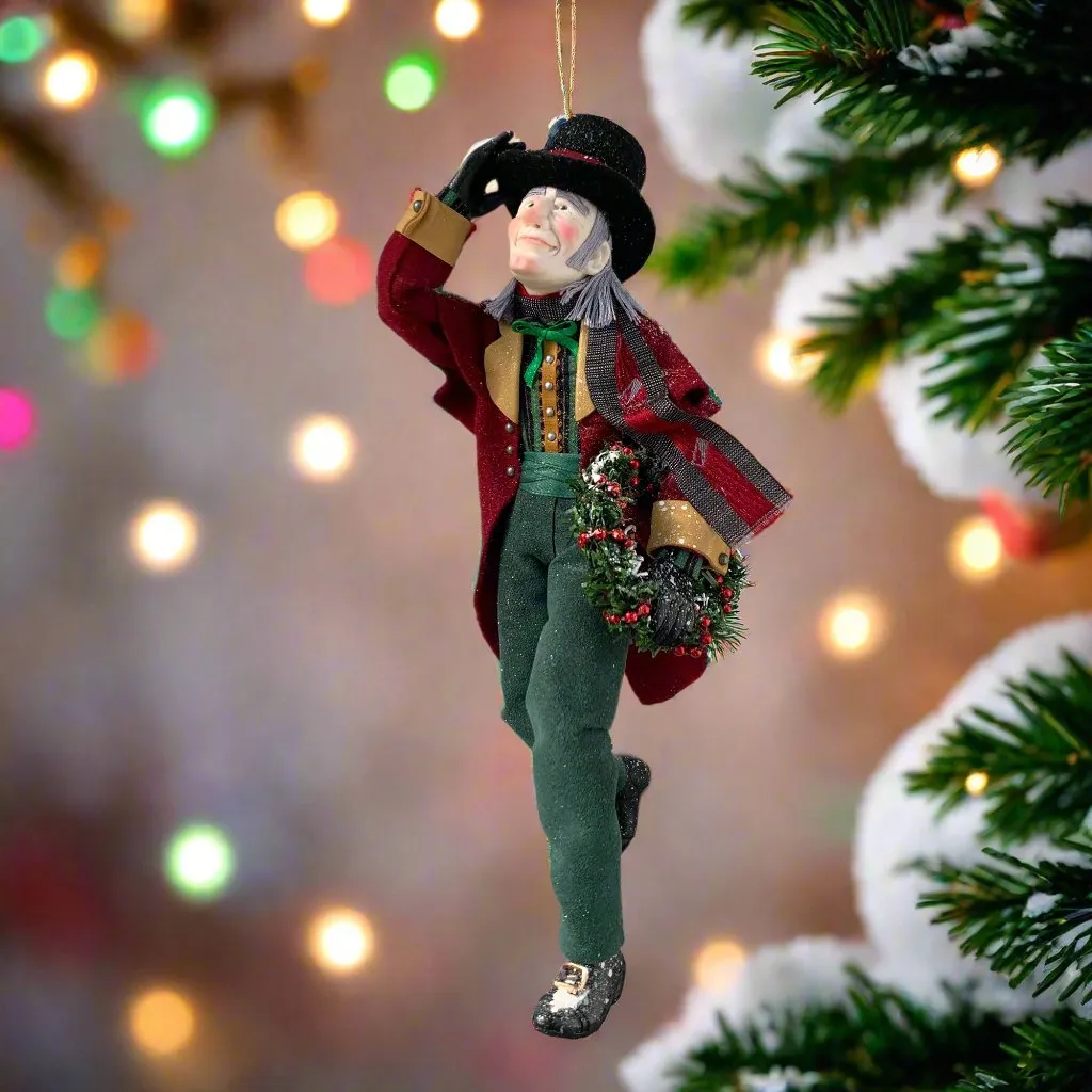 Happy Scrooge carrying a Christmas wreath and tipping his Top Hat - Dickens Collectable Christmas Decoration - Sculpture by Ken Fedoruk