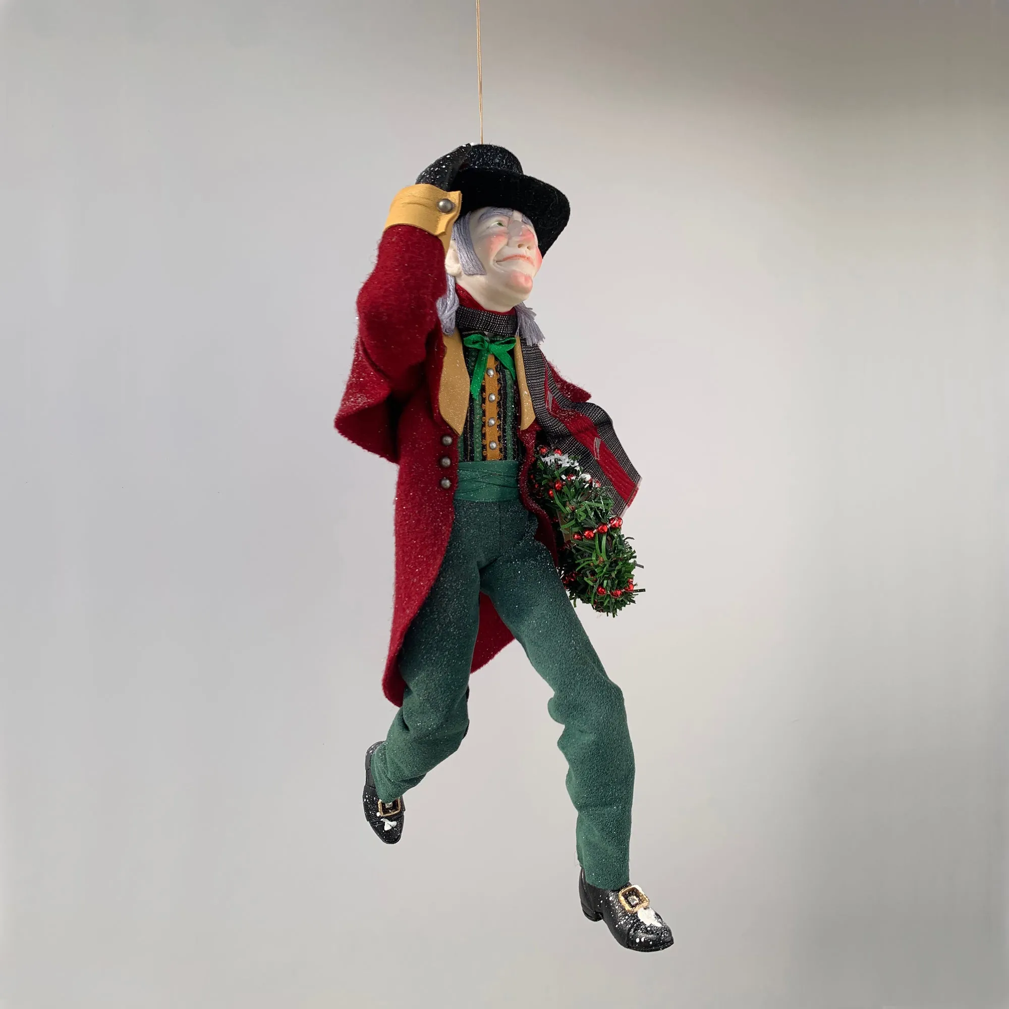 Happy Scrooge carrying a Christmas wreath and tipping his Top Hat - Dickens Collectable Christmas Decoration - Sculpture by Ken Fedoruk