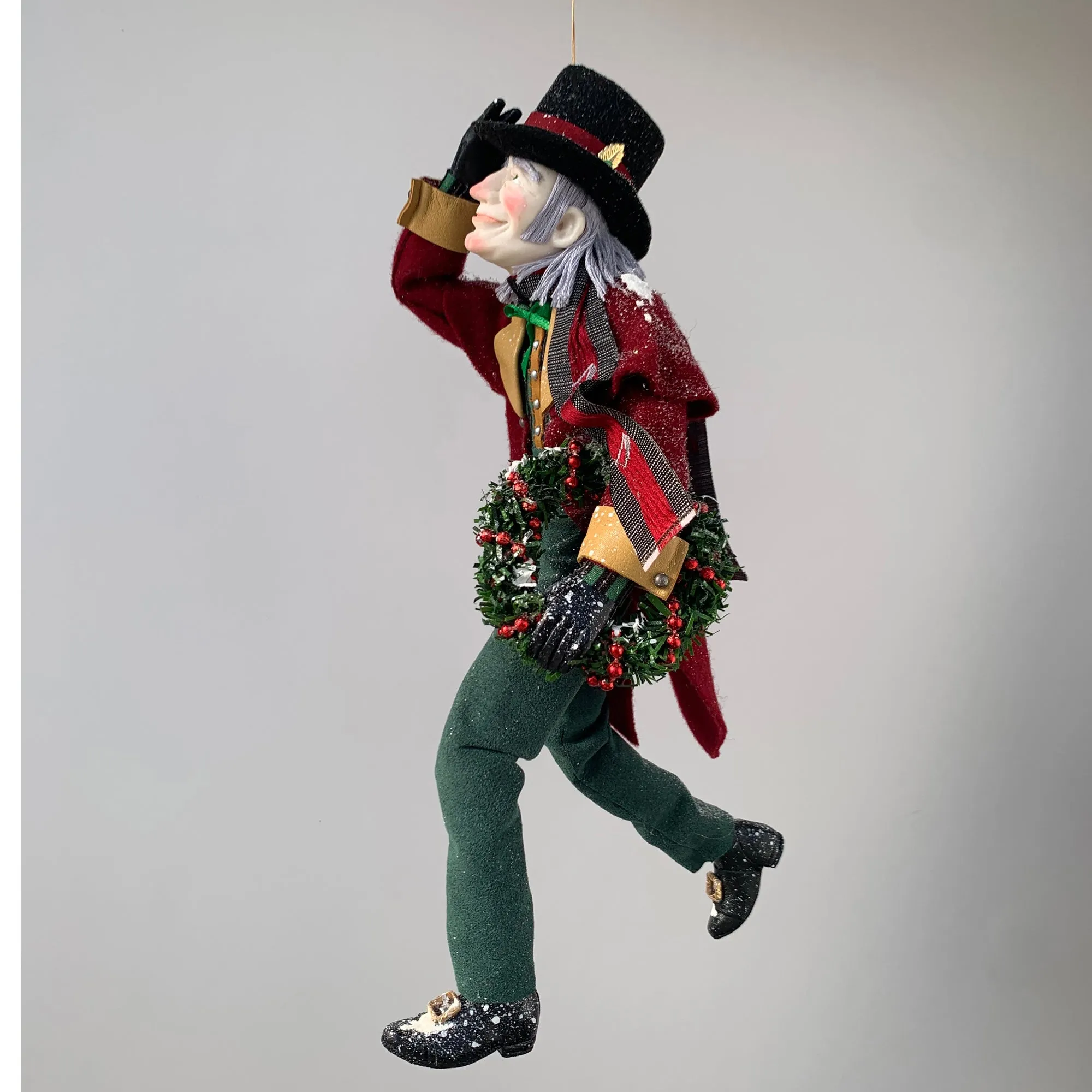 Happy Scrooge carrying a Christmas wreath and tipping his Top Hat - Dickens Collectable Christmas Decoration - Sculpture by Ken Fedoruk