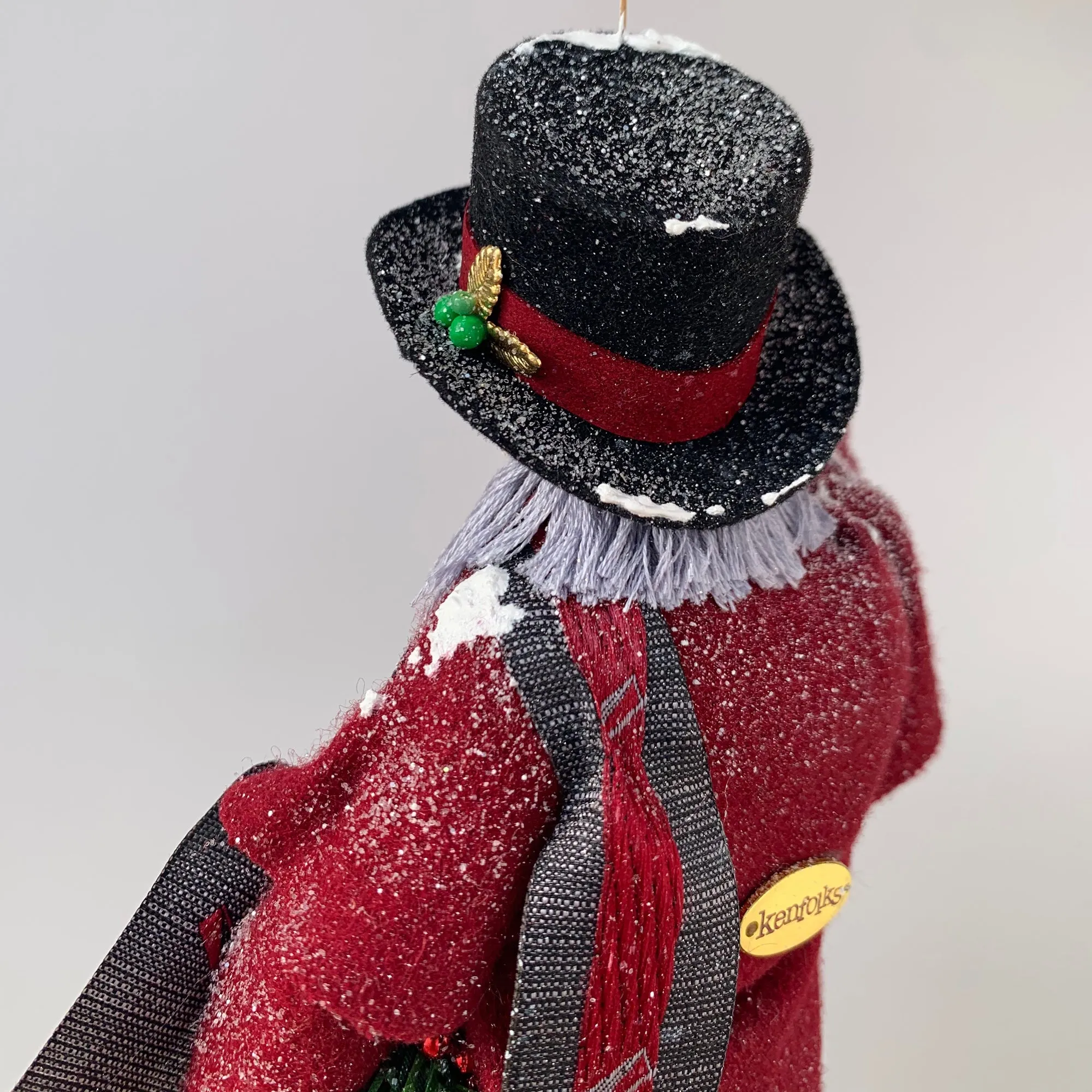 Happy Scrooge carrying a Christmas wreath and tipping his Top Hat - Dickens Collectable Christmas Decoration - Sculpture by Ken Fedoruk