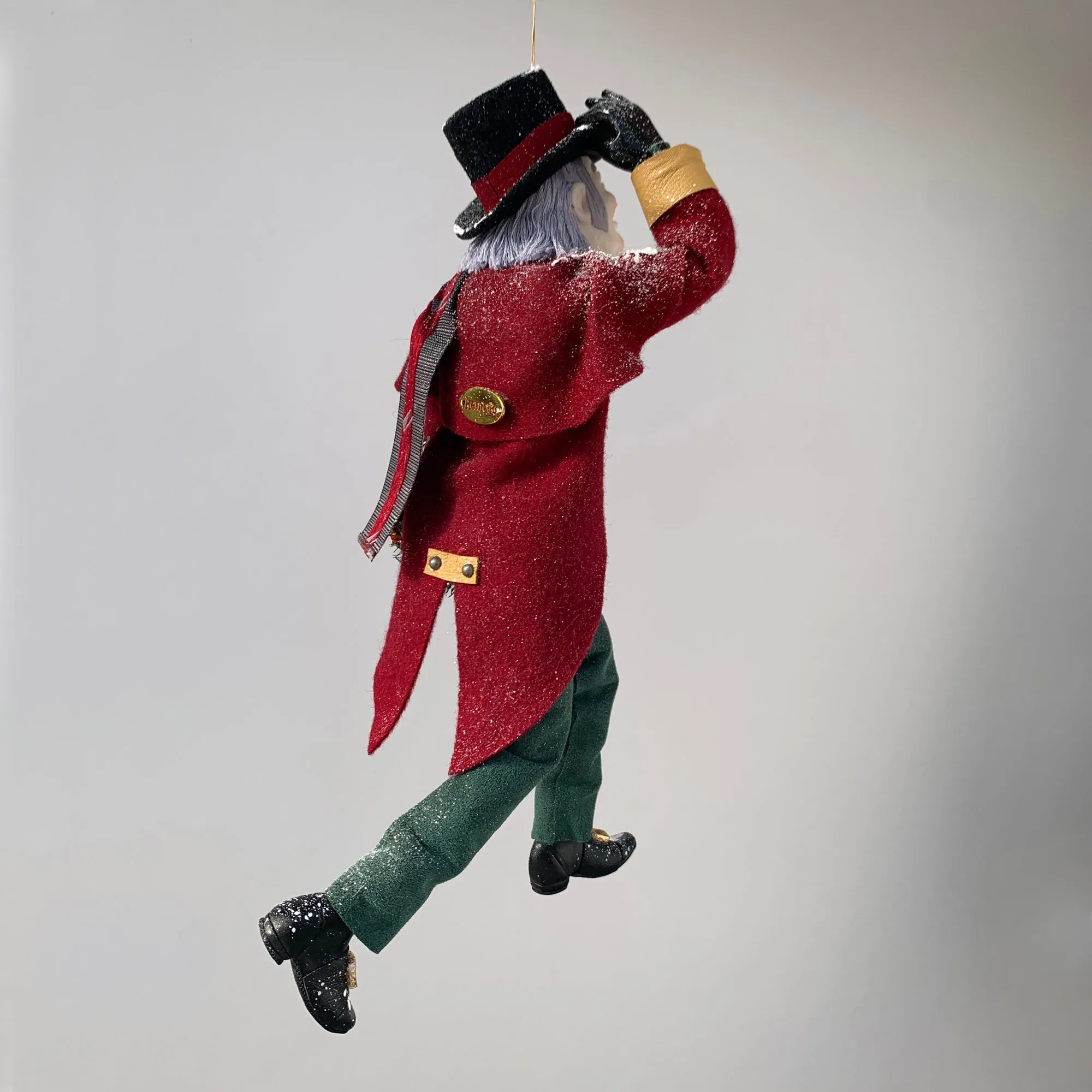 Happy Scrooge carrying a Christmas wreath and tipping his Top Hat - Dickens Collectable Christmas Decoration - Sculpture by Ken Fedoruk