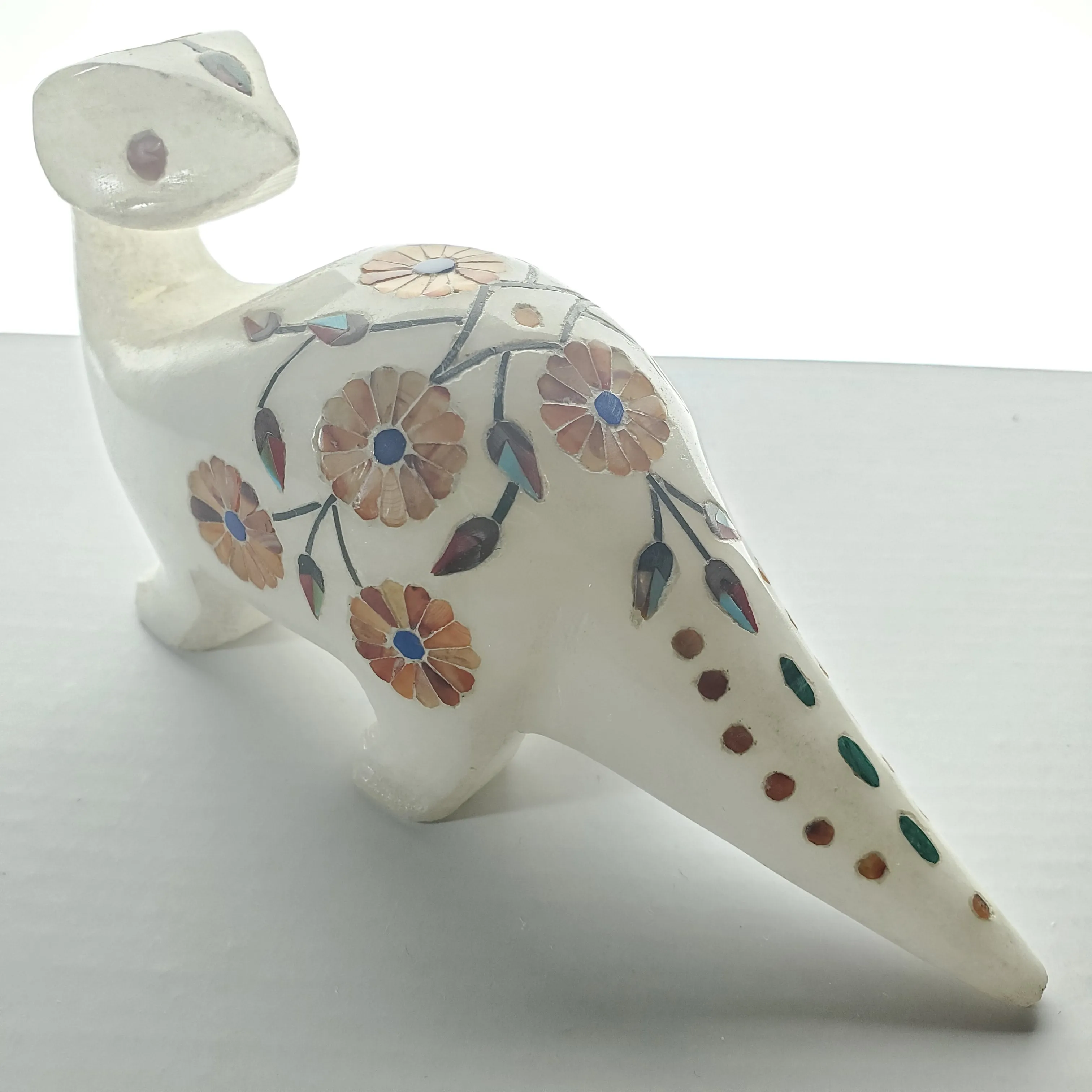Hard Carved Vintage Animal Figurine Collectible White Marble Floral Inlay Stone Design Statue for Home Office